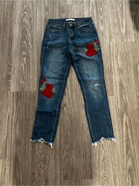 KanCan Dark Blue Cropped Jeans with Red Rose Patches